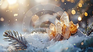 Winter background with clea quartz crystals photo