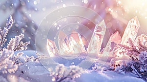 Winter background with clea quartz crystals photo