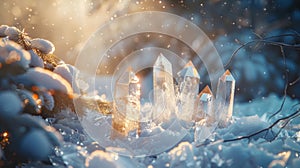 Winter background with clea quartz crystals photo