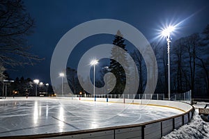 Winter background with empty lit ice rink and spotlights