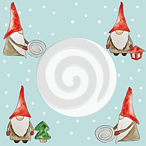 Winter background falling snow Gnomes make snow on the Christmas tree. Watercolor illustration for your text, for invitations,