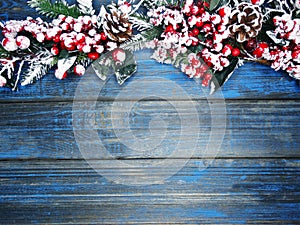 Winter background with fir branches cones and snow