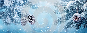 Winter background with fir tree branches covered with snow and pine cones.
