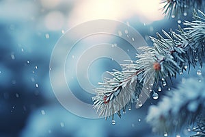 Winter background with fir trees covered with frosty ice and snow on coniferous trees. Christmas decor, holiday concept