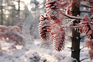 Winter background with fir trees covered with frosty ice and snow on coniferous trees. Christmas decor, holiday concept