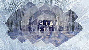 Winter background Frozen Window and text Merry Christmas.