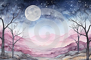 Winter background with full moon and trees