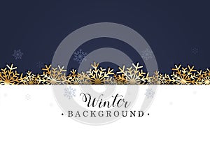 Winter background with golden snowflakes and navy blue bcakground