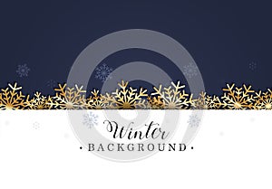 Winter background with golden snowflakes and navy blue bcakground photo