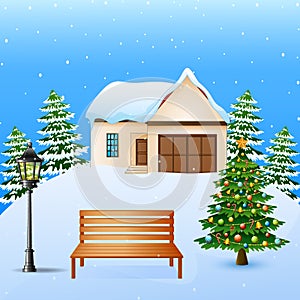 Winter background with house, wood bench and christmas tree on the snow hills