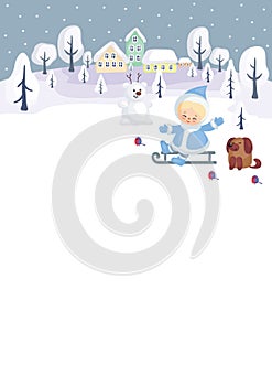 Winter background with little girl