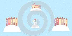 Winter Background With Little Villages And Snowman