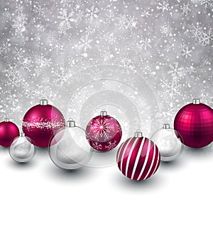 Winter background with magenta christmas balls.