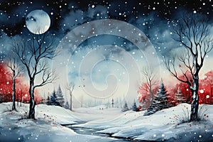 Winter background .Merry Christmas and happy New Year greeting card with copy-space. Christmas landscape with snow and fir trees