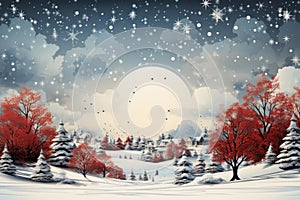 Winter background .Merry Christmas and happy New Year greeting card with copy-space. Christmas landscape with snow and fir trees