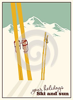 Winter background. Mountains and ski equipment in the snow