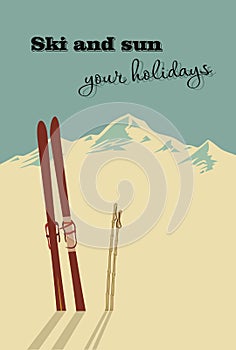 Winter background. Mountains and ski equipment in the snow