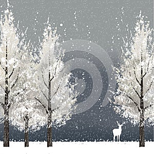 Winter background at night with white trees and reindeer