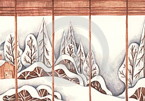 Winter background with pile of snow and landscape. Watercolor illustration