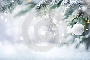 Winter background. Pine tree branches with Christmas ornament and falling snow