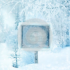 Winter background, scene, landscape. Wooden sign in the winter f