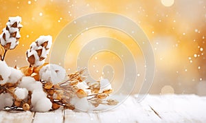 Winter Background with snow branches tree leaves and snowflakes