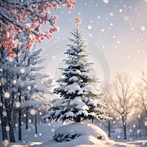 Winter Background with snow branches tree leaves and snowflakes on background Holiday Christmas greeting card made