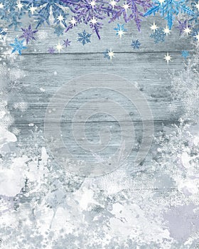 Winter Background with Snowflake Border on Top of Frozen Wood Textured Surface.