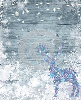 Winter Background with Snowflake Deer on Frozen Wood Textured Surface.