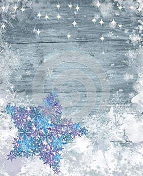 Winter Background with Snowflake Star on Frozen Wood Textured Surface.