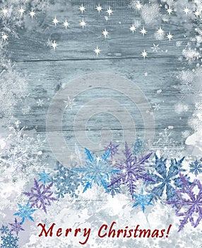 Winter Background with Snowflake Wreath on Frozen Wood Textured Surface.