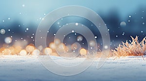 Winter background with snowflakes and bokeh lights. Dry grass in snow. Closeup view