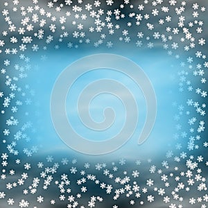 Winter background with snowflakes, mist and place for text