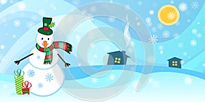 Winter background with a snowman and snow photo