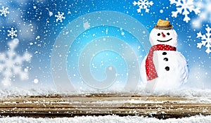 Winter background with snowman and snowflakes