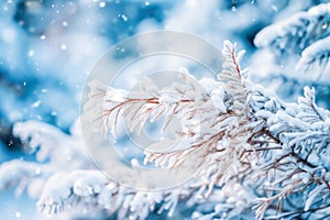 Winter background with snowy brunches on blurred background