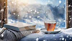 Winter background. tea cup, book, sweater and winter frozen window. cozy mood, home comfort in snowy cold weather
