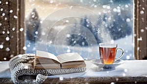 Winter background. tea cup, book, sweater and winter frozen window. cozy mood, home comfort in snowy cold weather