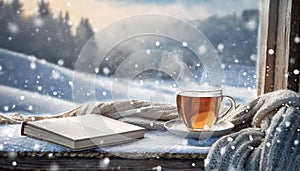 Winter background. tea cup, book, sweater and winter frozen window. cozy mood, home comfort in snowy cold weather