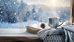 Winter background. tea cup, book, sweater and winter frozen window. cozy mood, home comfort in snowy cold weather