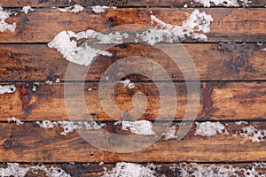 Winter background with wooden floor covered by snow