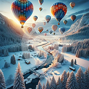 Winter Balloon Festival: Colorful Hot Air Balloons Soar Above Snowy Mountains