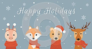 Winter banner with cute animals: deer, fox, bear, piggy. Merry christmas and happy new year. Vector illustration.