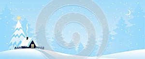 Winter banner with forest, house and fir trees, card for Christmas, beautiful snowy landscape, flat cartoon vector