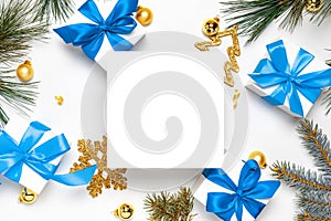 Winter banner. White gifts with blue bow, golden balls and Christmas tree in xmas decoration on white background for greeting card