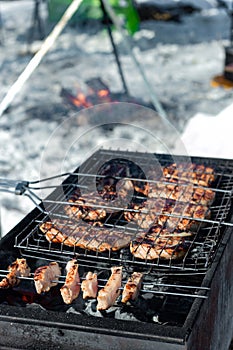 Winter barbecue outdoors, grill steak and fork with meat over hot coals in BBQ at campside cookout, camping lifestyle