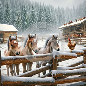 Winter Barnyard Scene with Young Horses and Chickens in a Corral Wintertime AI Generated