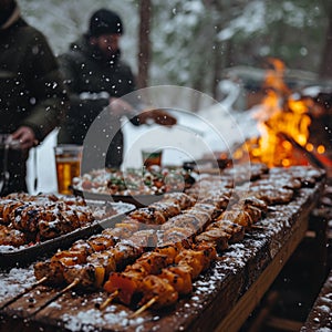 Winter BBQ adventure Friends grilling and feasting in snowy landscapes