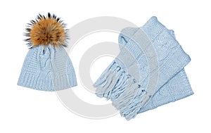 Winter beanie and scarf set isolated on white