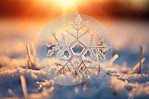 Winter beautiful illustration, snowflake close-up on snow in sunlight.